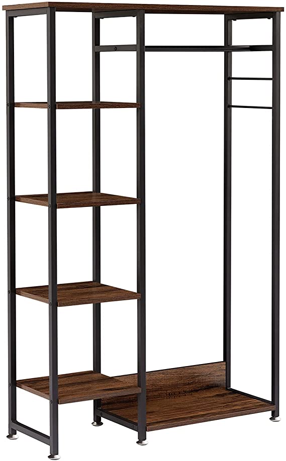 VECELO Free-Standing Heavy Duty Vintage Closet/Storage Organizer for Bedroom Clothes Garment Rack with Shelves and Hanging Rod, Dark Brown