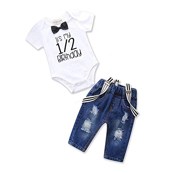 Toddler Baby Boy Clothes Set Bowtie Romper Suspenders Ripped Denim Pants Outfits