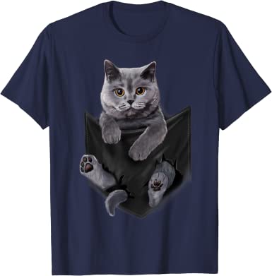 British Grey Cat in Pocket T-Shirt Cats Tee Shirt Gifts