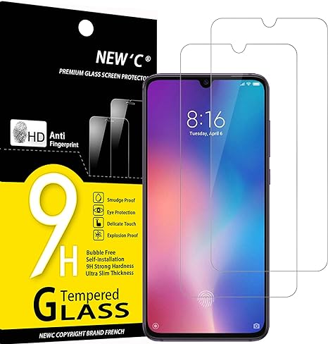 NEW'C 2 Piezas, Protector Pantalla para Xiaomi Mi 9, Cristal Templado Antiarañazos, Antihuellas, Sin Burbujas, Dureza 9H, 0.33 mm Ultra Transparente, Ultra Resistente