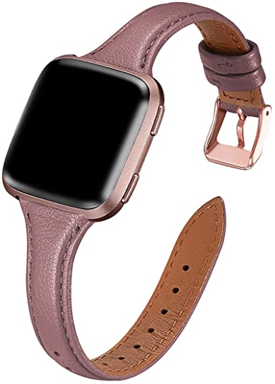 WFEAGL for Fitbit Versa Band, Top Grain Leather Band Slim & Thin Narrow Small Replacement Wristband Strap for Fitbit Versa/Versa 2 /Versa Lite/Versa SE Fitness Smart Watch (Lavender/RoseGold)
