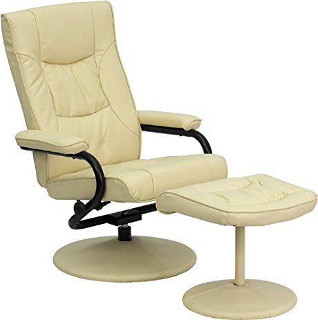 Flash Furniture Contemporary Cream Leather Recliner and Ottoman with Leather Wrapped Base