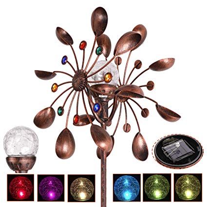 ZENY Solar Wind Spinner Multi-Color LED Lighting by Solar Powered Glass Ball with Kinetic Wind Aculptures Dual Direction Decorative Lawn Ornament Wind Mill