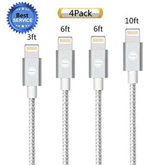 iPhone Cable SGIN, 4Pack 3FT 6FT 6FT 10FT Nylon Braided Cord Lightning Cable Certified to USB Charging Charger for iPhone 7,7 Plus,6S,6,SE,5S,5,iPad,iPod Nano 7 - Silver Grey