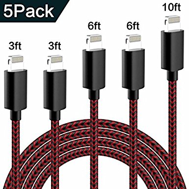 WUXIAN Lightning Cable 5-Pack[3/3/6/6/10 ft] Nylon Braided USB Charging iPhone Charger 8 Pin certify Charging Cable Cord for iPhone X/8/7/7 Plus/6s/6s Plus/6/6 Plus and other Series(Black & Red)