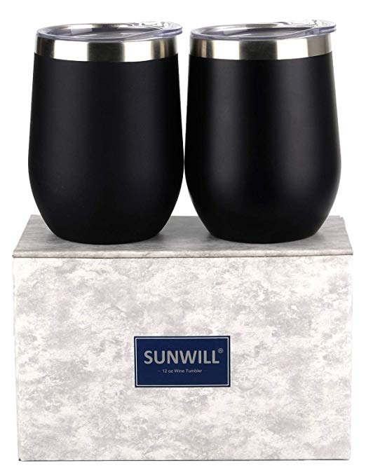 SUNWILL Insulated Wine Tumbler with Lid Black 2 pack, Double Wall Stainless Steel Stemless Insulated Wine Glass 12oz, Durable Insulated Coffee Mug, for Champaign, Cocktail, Beer, Office