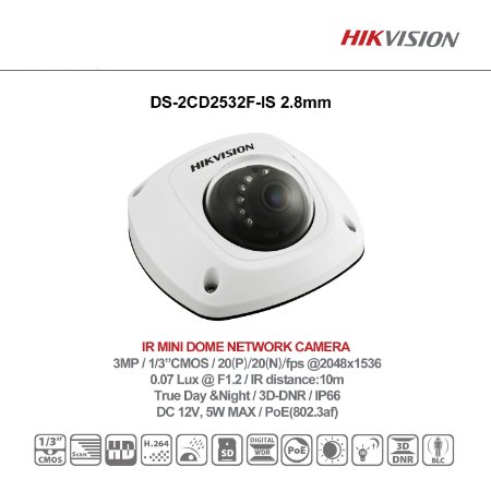 Hikvision DS-2CD2532F-IS 1/3" CMOS 3MP 2.8mm Fixed Focal Lens IR IP Dome Camera HD Wide Angle IP66 Vandalproof POE Night Vision Security Surveillance Camera with audio/Alarm IO ENGLISH RETAIL BOX