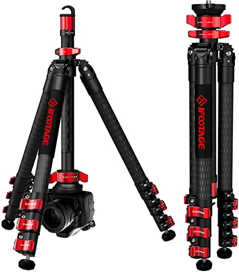 IFOOTAGE Carbon Fiber Travel Tripod, 59" Professional Video Camera Tripods 4 Sections with Centre Pole,Compatible with Canon, Nikon, Sony DSLR Camcorder Video Photography, Max Load 13.2 lbs