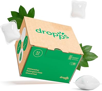 Dropps Dishwasher Detergent | Unscented, 32 Pods | Fragrance & Dye Free | Deep Cleans for Sparkling, Shiny Dishes| Low-Waste Packaging | No Pre-Wash | Powered by Natural Mineral-Based Ingredients