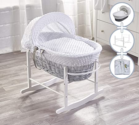 White Dimple Moses Basket, Deluxe Rocking Stand and Grey Three Little Birds Starter Set Bundle