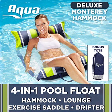 Aqua Deluxe Monterey Hammock, 4-in1- Multi-Purpose Inflatable Pool Float, Portable, Removable Pillows, Carry Bag, Premium Fabric, Fade, & Stain Resistant, Navy/Green Stripe