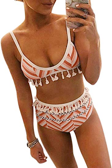 EVALESS Women 2 Pieces Bikini Sets Bandeau Swimwear High Waist Swimsuit