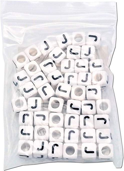 FEQM Pre-Sorted Letter Beads (6mm 50 pcs, White - Black Letter J)