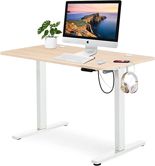 Bonzyhome Standing Desk, Height Adjustable Desk with Control Panel & Headphone Hook, Sit Stand Desk for Home Office,Electric Standing Desk (120 x 60 cm,White Frame  Maple Desktop)