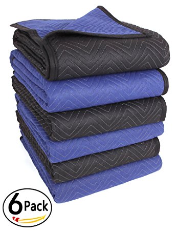SOMIDE Supreme Moving Blankets, Ultra Thick, Double Batting, Colorfast - 6 Pack, 72" x 80",65-70 Lbs/dozen, Black/Blue
