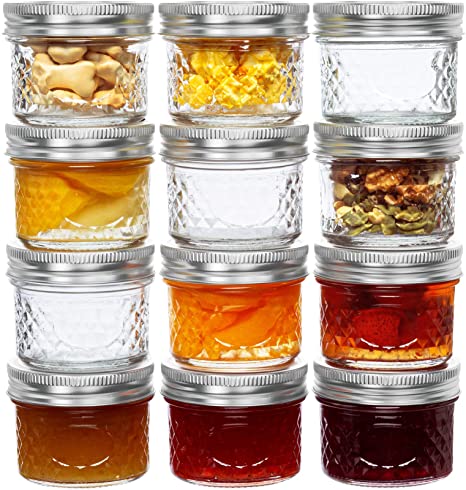 4 Oz Mason Jars Glass Mini Canning Jelly Jars with Airtight Regular Mouth Lids & Band, Quilted Crystal Jars for Jams, Spice, Food Storage, Wedding / Shower Favors, Preserves, Drinking-12 Pack