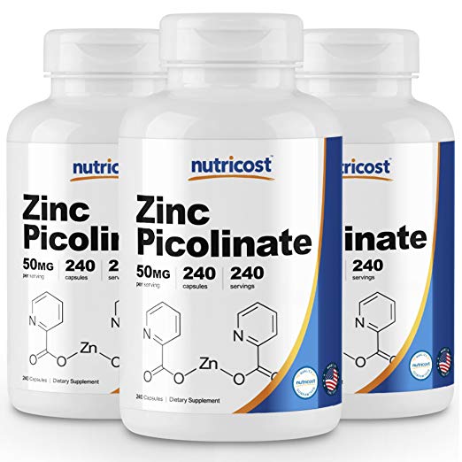 Nutricost Zinc Picolinate 50mg, 240 Veggie Capsules (3 Bottles) - Gluten Free and Non-GMO