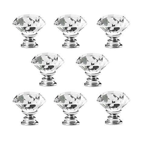 Bewelter 8 Pcs 40mm Clear Glass Crystal Cabinet Knobs Diamond Shap Wardrobe Door Knobs Cupboard Drawer Pull Handle Glass Dresser Knobs with Screws