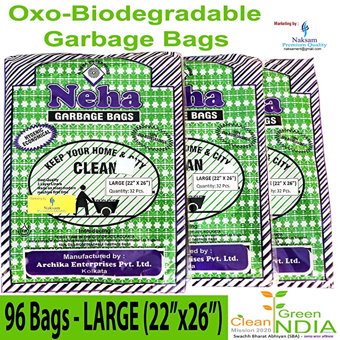 Neha Biodegradable Garbage Bags - Large Size(22 inch x 26 inch) with Rubber Band - Black (96 Bags)