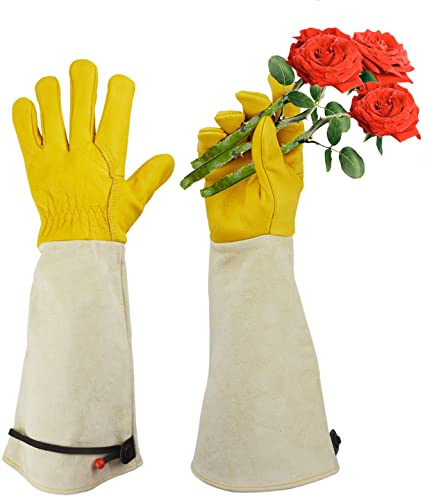 Gardening Gloves, Professional Puncture Proof Gloves for Rose Pruning & Cactus Trimming, Long Leather Garden Gloves Gifts for Women & Men- Full Grain Cowhide & Pigskin (Thorn Proof) (Large)