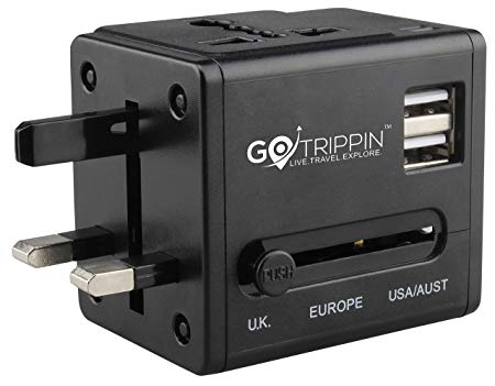 GoTrippin Universal Travel Adapter with Dual USB Charger Ports (Black), International Worldwide Charger Plug for Phone, Laptop, Camera, Tablet
