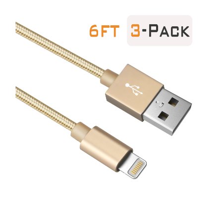 BudgetampGood 3 Pack 6 Ft Nylon Braided Lightning to USB Cable  Charger Cord for iPhone 6s6s Plus65s5iPad Air and Mini and the Latest iPhone Devices Compatible with IOS 9 Gold