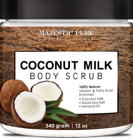 Coconut Milk Body Scrub from Majestic Pure is 100 Natural Scrub - Exfoliates Moisturizes Soothes and Promotes Glowing and Radiant Skin - 12 Oz