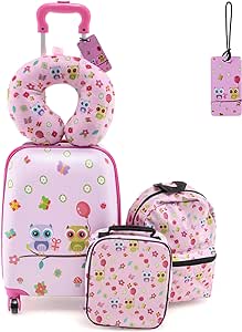 Goplus 5 Piece Kid’s Luggage Set, 16” Carry on Suitcase w/13” Backpack, Neck Pillow, Hardside Spinner Toddler Luggage, Travel Rolling Suitcase for Boys Girls Gifts (Pink, Owl)