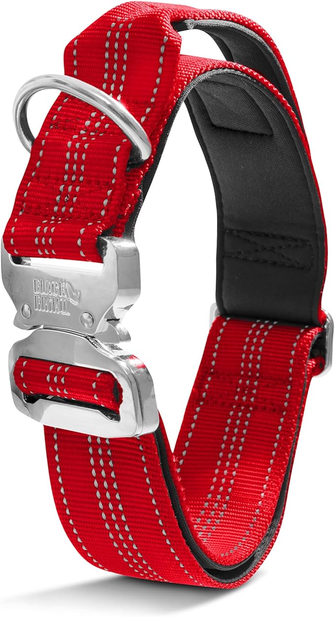 Black Rhino - Tactical Dog Collar Ultra-Soft Neoprene Padded Dog Collars for Medium, Large, XL Dogs | Heavy Duty Metal Buckle | Padded Handle for Dog Training (Large, Red)