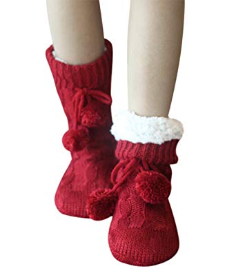 Moolecole Women Knitted Fleece Lined Slipper Socks Girls Winter Socks Bootie with Non Slip Gripper Sole