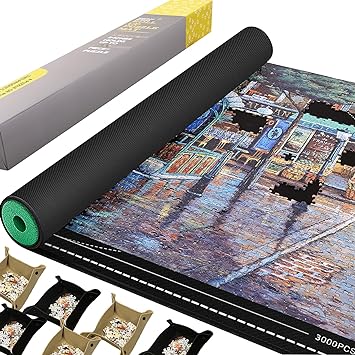 Jigsaw Puzzle Mat Roll Up Rubber No Creases 3000 to 2000 1500 1000 500 Pieces Black Large Jigsaw Puzzel Pad Matte Roll-Up Board Table Sorting Trays Saver Holder Accessories Gifts