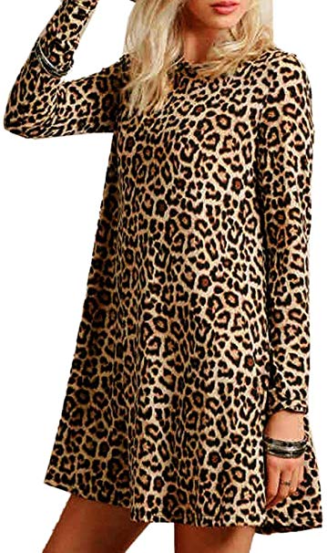 Joeoy Women's Casual Leopard Print Long Sleeve Dress