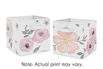 Pink and Grey Watercolor Floral Foldable Fabric Storage Cube Bins Boxes Organizer Toys Kids Baby Childrens for Collection by Sweet Jojo Designs - Set of 2
