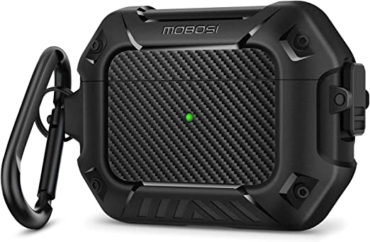 MOBOSI Compatible with AirPods Pro Case, Secure Lock Clip Full Body Shockproof Hard Shell Protective, Carbon Fiber Case Cover with Keychain for AirPod Pro (2019), Black