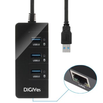 DiGiYes® Portable 3-Port USB 3.0 Hub with 1 Feet Cable and RJ45 10/100/1000 Gigabit Ethernet LAN Wired Network Adapter for Windows Desktop, Laptop Computer, Macbook Pro/Air (Black)