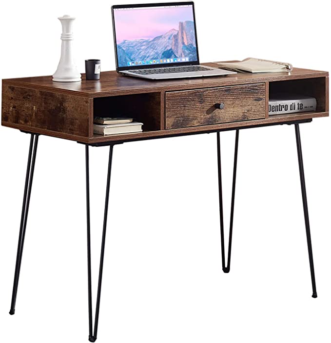 VECELO Computer Home & Office Laptop Table Study Writing Desk with Drawers Open Shelf Storage Metal Leg，Rustic Brown, 39.3 in x 19 in x 30 in (L x W x H)