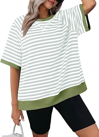 Dokotoo Oversized T Shirts for Women Striped Color Block Crewneck Short Sleeve Casual Summer Tops Lightweight Loose Blouses