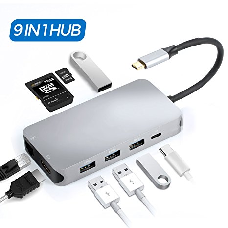 USB C Hub, 9 in 1 Type C Hub to HDMI 4K, Ethernet(RJ45), USB3.0x4, SD/TF Card Reader, Type-C Charging Port for MacBook Pro and More Type C Devices
