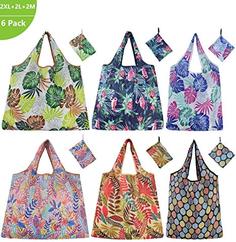 Reusable Shopping Bags 6 Pack Foldable Eco-Friendly Large Groceries Tote Bag with Pouch Washable Sturdy Lightweight Grocery Bags (Tropical Theme)