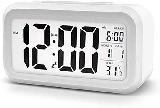 LAWOHO Digital Alarm Clock White Time Date Temperature with Large LCD Display Multi-function Backlight Sensor Automatic Night Glow Battery for Kids Bedroom Kitchen Office Dormitory Travel