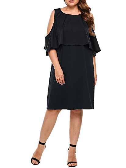 IN'VOLAND Women Plus Size Cold Shoulder Ruffle Half Sleeve Casual Party Dress