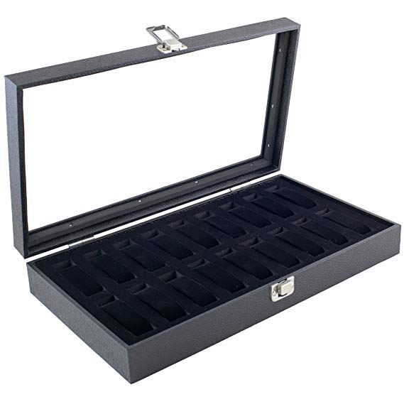 Caddy Bay Collection Basic Black Watch Case Display Box with Glass Top Lid Holds 18 Watches