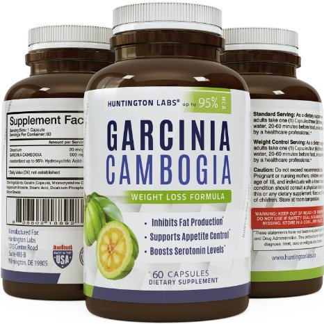 BEST GARCINIA CAMBOGIA Extract - Pure 95 HCA Potent Appetite Control - Weight Loss Fat Burner Supplement - Fast Acting Capsules - Huntington Labs, 60 capsules