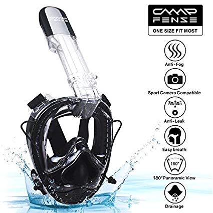 CampFENSE Full-Face Snorkel Mask, Easybreath Anti-Fog Snorkel Mask, One Size Fit Most, Sports Camera Compatible, 180°Panoramic View, Built-in Ear Plugs, Must-Have Snorkeling Gear