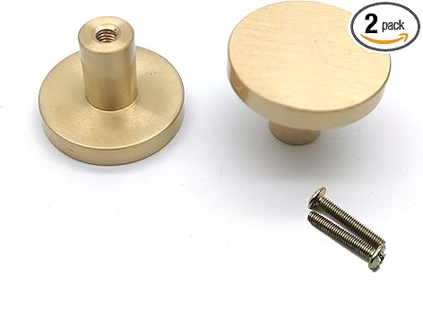 Cabinet Knobs,2-Pack, Brass Cabinet Knobs 1x0.8（DxH） Round Knob Gold Minimalist Design Soild Knobs for Dresser Drawers with Screws