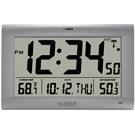 La Crosse Technology 513-1311OT Jumbo Atomic Digital Wall Clock with Outdoor Temperature, Silver