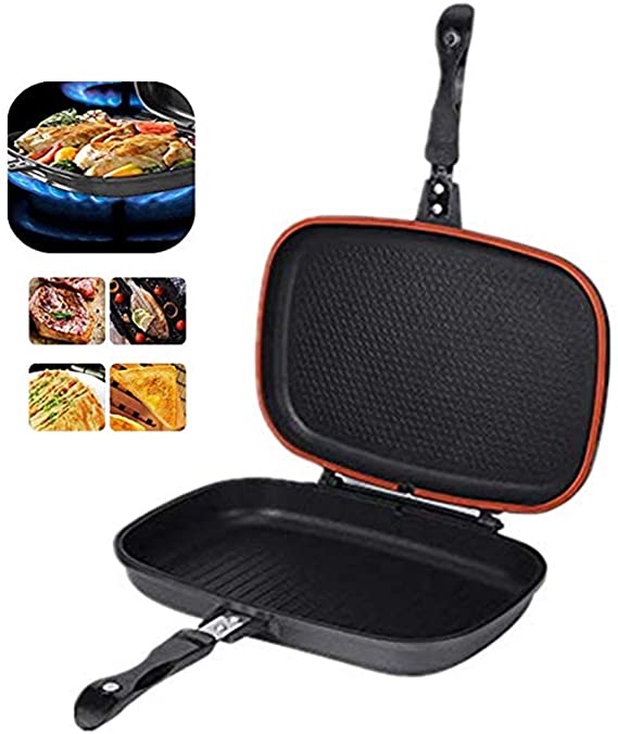 Double-sided BBQ Grill Pan,Portable Frying Pan Flip Non-stick Barbecue Cooking Tool Cookware Stove Anti-scalding Handle Skillet Cast Grill Frittata Pan for Indoor and Outdoor Cooked Chicken, Fish
