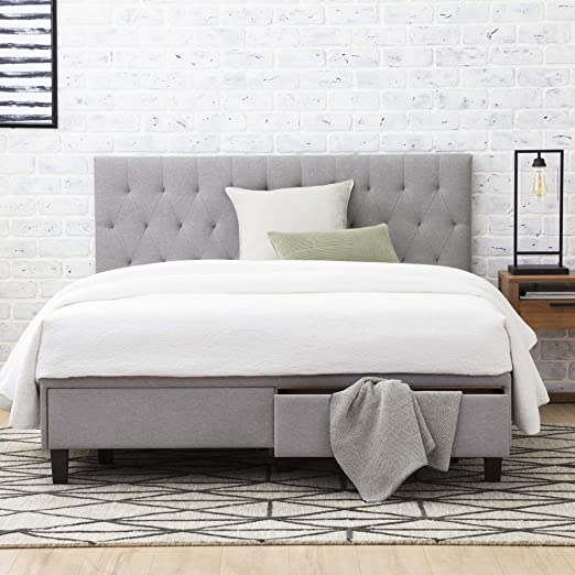Everlane Home Windsor Upholstered Bed with Built-in Drawers-Diamond Tufted Headboard-Fabric Finish-Easy Setup Platform, Full, Ash