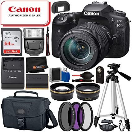 Canon EOS 90D DSLR Camera with 18-135mm Lens (3616C016) & 15PC Professional Accessory Bundle – Includes: SanDisk Ultra 64GB SDHC Memory Card   Wide Angle & Telephoto Lens Attachments   More