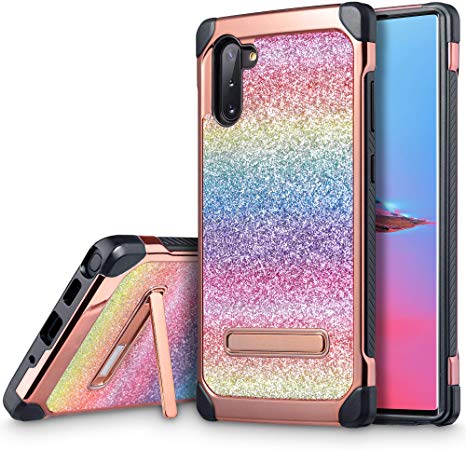 UARMOR Galaxy Note 10 Case, Rugged Luxury Glitter Bling Shockproof Stand Sparkly Shiny Faux Leather Chrome Hard Case Case for Samsung Galaxy Note 10 2019,Rainbow